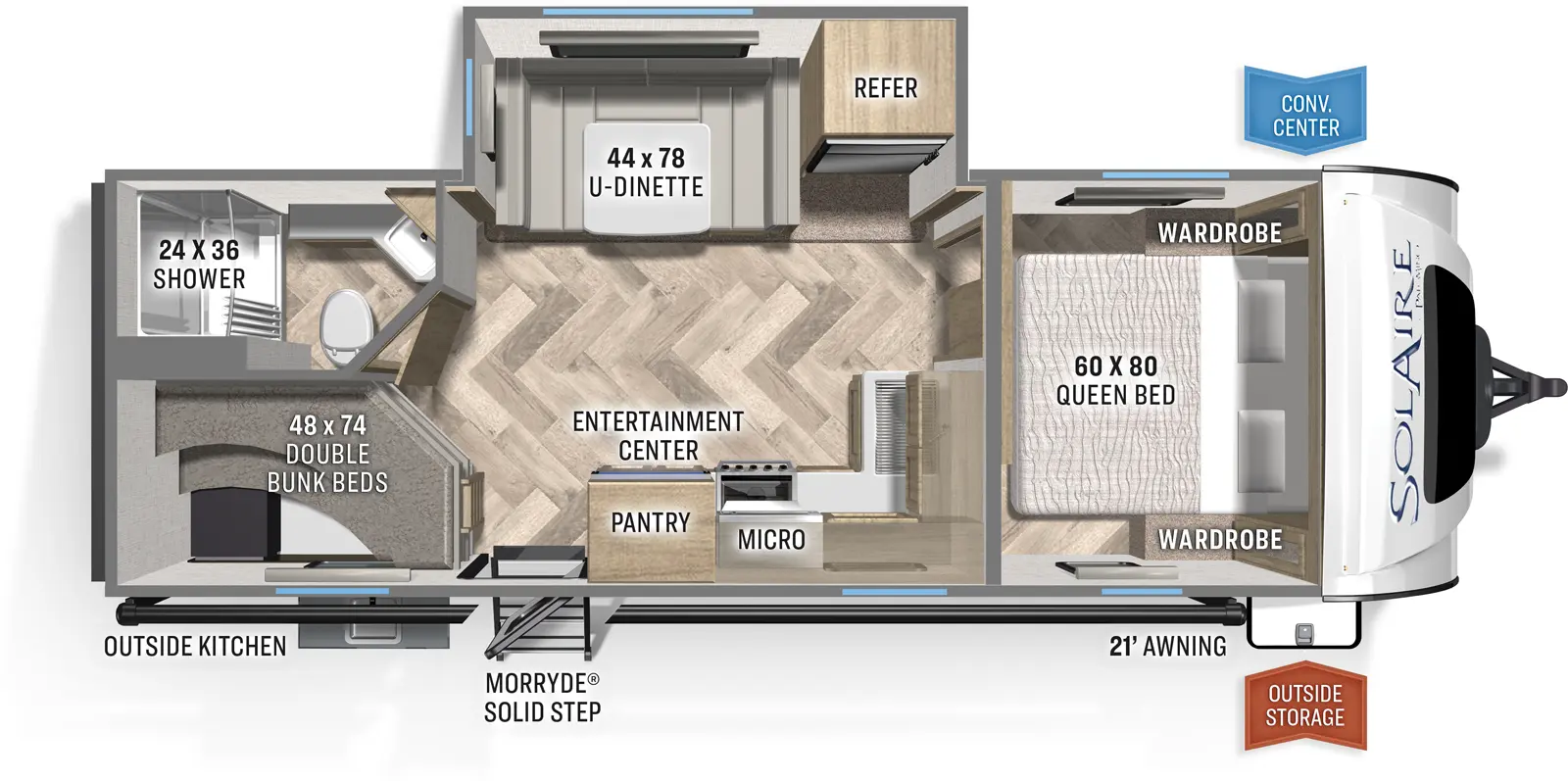 The 243BHS has one slideout and one entry. Exterior features a 21 foot awning, outside storage, convenience center, MORryde solid step, and outside kitchen. Interior layout front to back: foot-facing queen bed with wardrobes on each side; off-door side slideout with refrigerator and u-dinette; kitchen counter with sink and overhead cabinet wraps along inner wall to door side with microwave, pantry, entertainment center and entry; off-door side rear full bathroom; door side rear double bunk beds.